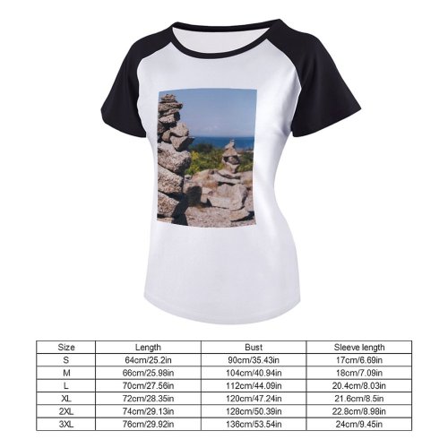 yanfind Women's Sleeve Raglan T Shirt Short Ancient Balance Beach Boulder Daylight Horizon Landscape Ocean Outdoors Rock Balancing Rocks