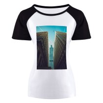 yanfind Women's Sleeve Raglan T Shirt Short Airplane Architectural Design Architecture Buildings City Cityscape Clouds Contemporary Daylight Daytime Downtown