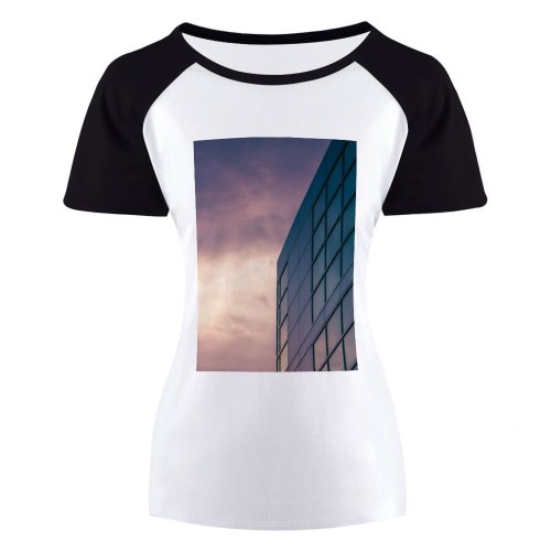 yanfind Women's Sleeve Raglan T Shirt Short Architectural Design Architecture City Clouds Contemporary Dawn Downtown Dusk Exterior Facade Futuristic