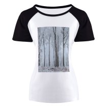 yanfind Women's Sleeve Raglan T Shirt Short Fog Forest Frost Scenic Season Snow Snowy Trees Winter Woods