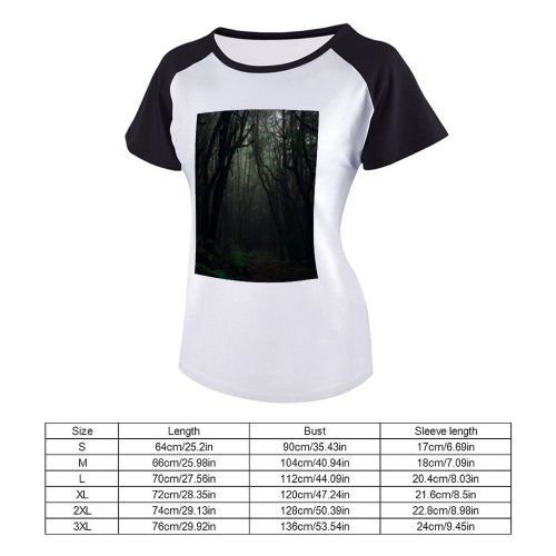 yanfind Women's Sleeve Raglan T Shirt Short Countryside Dark Forest Darkness Daylight Eerie Fall Fog Foggy Landscape Light Mist