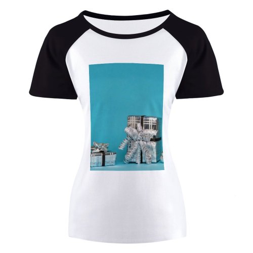 yanfind Women's Sleeve Raglan T Shirt Short Box Boxes Christmas Balls Gifts Presents Decoration Design Metallic Ornaments