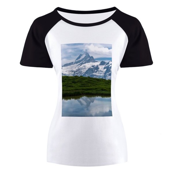 yanfind Women's Sleeve Raglan T Shirt Short Alps Calm Waters Clouds Freezing Grass Grindelwald Idyllic Landscape Peak