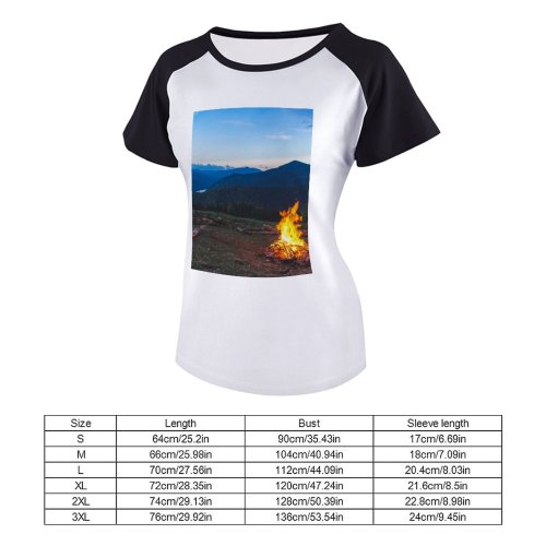 yanfind Women's Sleeve Raglan T Shirt Short Bonfire Camp Camping Dawn Evening Fire Flame Forest Hike Landscape Light