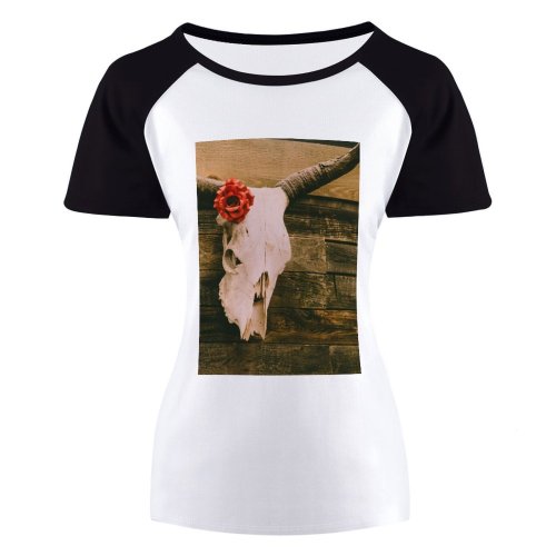 yanfind Women's Sleeve Raglan T Shirt Short Art Creepy Decor Decoration Eerie Hanging Horns Retro Rose Scary Sculpture Skull