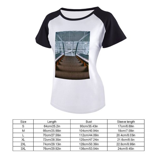 yanfind Women's Sleeve Raglan T Shirt Short Ceiling Escalator Glass Panels Handrail Shot Perspective