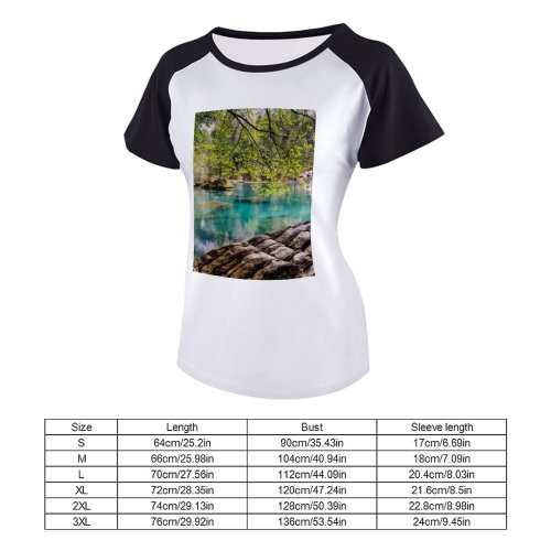 yanfind Women's Sleeve Raglan T Shirt Short Blausee Calm Waters Conifers Fir Trees Foliage Forest Idyllic Lake Landscape