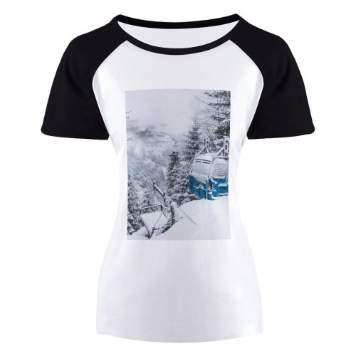 yanfind Women's Sleeve Raglan T Shirt Short Branches Cable Car Daylight Daytime Fog Foggy Forest Freezing Frost Frosty Frozen