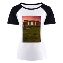 yanfind Women's Sleeve Raglan T Shirt Short Ancient Dawn Dusk England Evening Famous Landmark Grass Field Landscape Megalith Monument