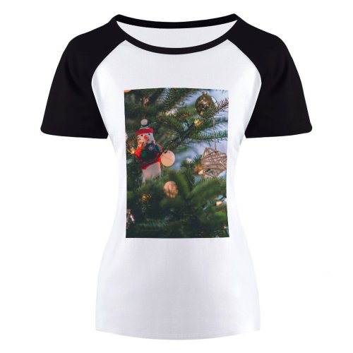 yanfind Women's Sleeve Raglan T Shirt Short Branch Christmas Balls Decor Decorations Lights Ornaments Tree Conifer Focus Frosty