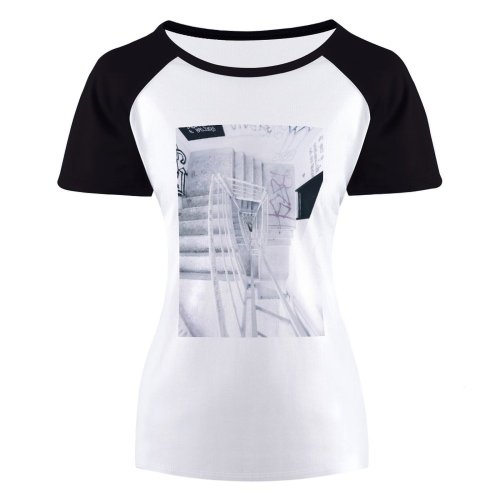 yanfind Women's Sleeve Raglan T Shirt Short Architecture Building Contemporary Empty Expression Handrail High Shot Light Perspective Stairs