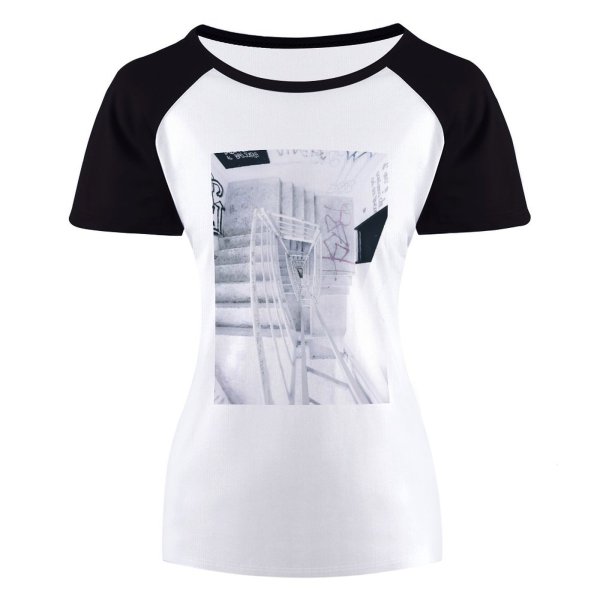 yanfind Women's Sleeve Raglan T Shirt Short Architecture Building Contemporary Empty Expression Handrail High Shot Light Perspective Stairs
