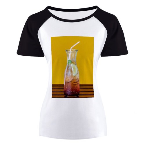 yanfind Women's Sleeve Raglan T Shirt Short Beverage Cocktail Cool Glass Icee Juice Lime Liquid Pitcher Refreshing Refreshment Straw