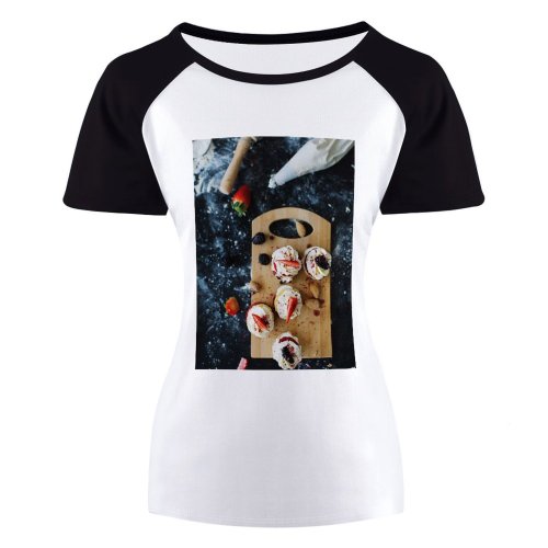 yanfind Women's Sleeve Raglan T Shirt Short Board Chopping Cupcakes Delicious Health Healthy Macro Pastry Sweet Table Tasty