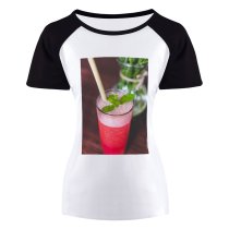 yanfind Women's Sleeve Raglan T Shirt Short Beverage Citrus Cocktail Glass Juice Refreshing Refreshment Smoothie Straw