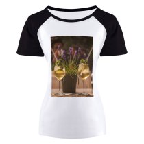 yanfind Women's Sleeve Raglan T Shirt Short Alcohol Alcoholic Beverage Champagne Cocktail Glass Crystal Drinks Flowers Glasses