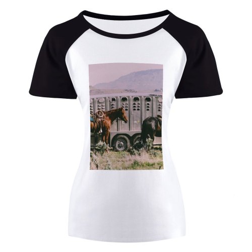 yanfind Women's Sleeve Raglan T Shirt Short Cattle Countryside Cow Daylight Farm Farmland Field Grass Grassland Hill Horse Horses