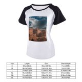 yanfind Women's Sleeve Raglan T Shirt Short Ancient Architecture Castle Clouds Exterior Facade Fortification Fortress Gothic Outdoors Sky Stone