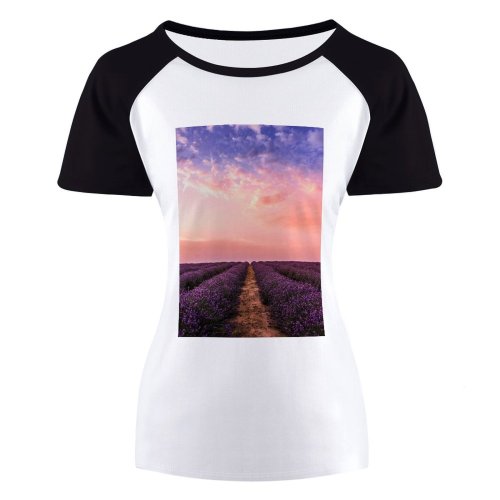 yanfind Women's Sleeve Raglan T Shirt Short Abundance Agriculture Atmosphere Blooming Lavender Clouds Form Sky Cloudscape Countryside Farm Field