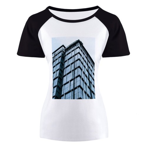 yanfind Women's Sleeve Raglan T Shirt Short Architecture Building City Downtown Facade Glass Shot Office Perspective Sky