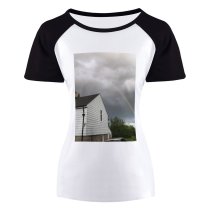 yanfind Women's Sleeve Raglan T Shirt Short Architecture Building Cloudy Colorful Contemporary Cottage Country Countryside Dark Evening Exterior Field