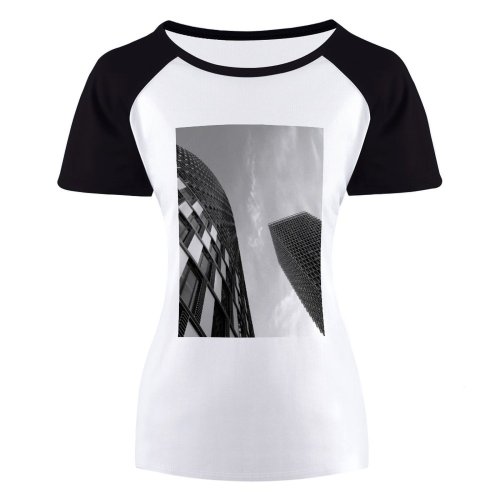 yanfind Women's Sleeve Raglan T Shirt Short Architecture Building City Cityscape Downtown Futuristic Glass Items Office Reflection