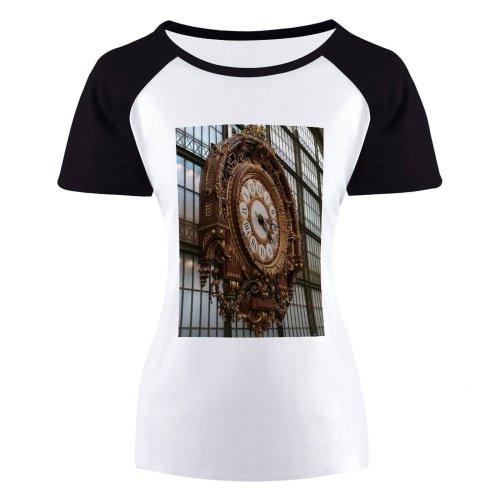 yanfind Women's Sleeve Raglan T Shirt Short Ancient Architecture Art Decoration Design Historic Retro Time Vintage Wall Clock