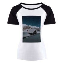 yanfind Women's Sleeve Raglan T Shirt Short Frost Frosty Frozen Houses Landscape Mountains Scenic Snow Capped Snowy Starry