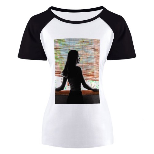 yanfind Women's Sleeve Raglan T Shirt Short Female Girl Lifestyle Light Model Room Silhouette Window Blinds