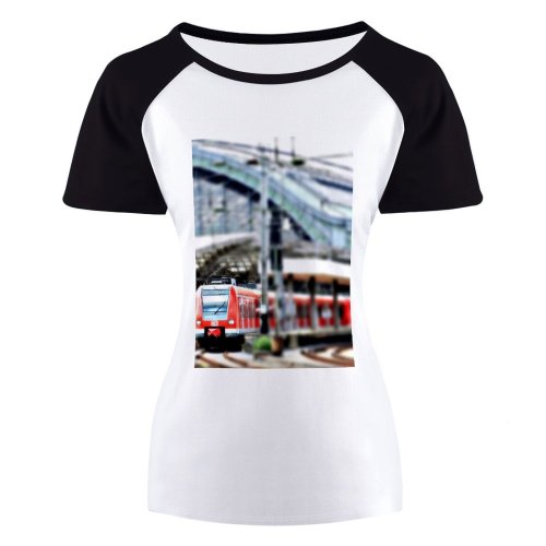 yanfind Women's Sleeve Raglan T Shirt Short Catenary Central Station City Departure Passengers Public Transportation Rail Traffic Railroad