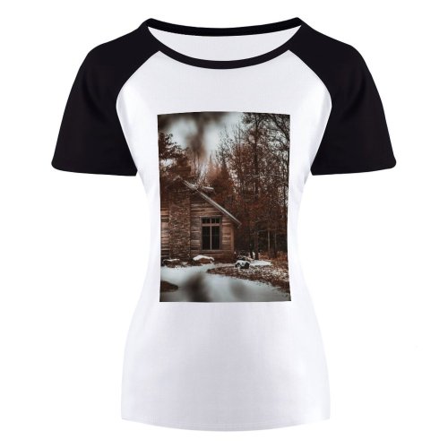 yanfind Women's Sleeve Raglan T Shirt Short Barn Bungalow Cabin Daylight Frost Home Landscape Outdoors Scenic Season Snow Snowy