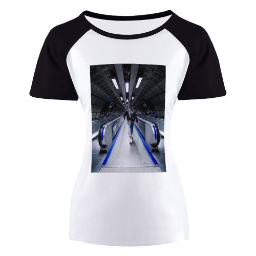 yanfind Women's Sleeve Raglan T Shirt Short Airport Architecture Ceiling Commuter Fast Hallway London Underground Metallic Moving Walkway Passage