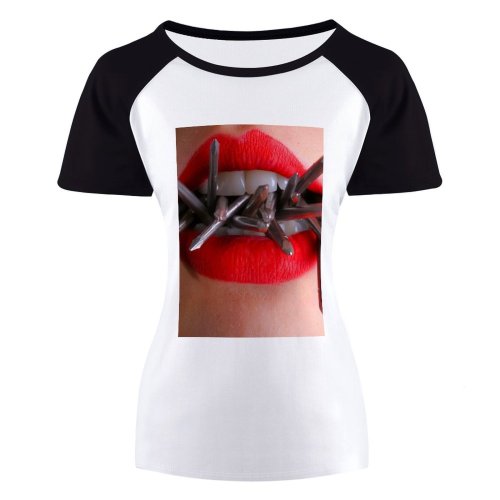 yanfind Women's Sleeve Raglan T Shirt Short Female Girl Lady Lips Lipstick Makeup Metal Mouth Nails Photoshoot Sharp Skin