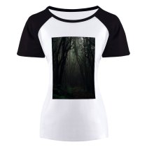 yanfind Women's Sleeve Raglan T Shirt Short Countryside Dark Forest Darkness Daylight Eerie Fall Fog Foggy Landscape Light Mist