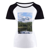 yanfind Women's Sleeve Raglan T Shirt Short Calm Waters Clouds Conifers Fir Trees Forest Idyllic Lake Landscape Mist