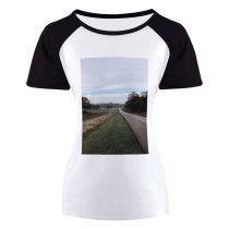 yanfind Women's Sleeve Raglan T Shirt Short Asphalt Country Road Countryside Daylight Field Grass Guidance Highway Landscape Light Outdoors