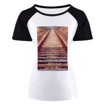 yanfind Women's Sleeve Raglan T Shirt Short Focus Guidance Iron Railway Train Tracks Transportation System Wood
