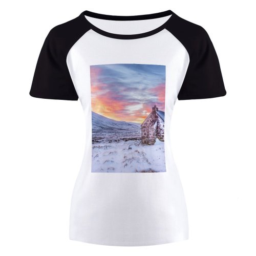 yanfind Women's Sleeve Raglan T Shirt Short Bothy Cairngorms Clouds Cottage Dawn Frost Frosty Frozen High Hut Landscape