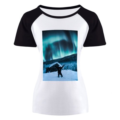 yanfind Women's Sleeve Raglan T Shirt Short Astrology Astronomy Atmosphere Aurora Borealis Cabin Constellation Dark Evening Exploration Frosty Galaxy
