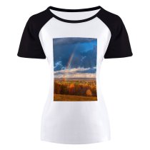 yanfind Women's Sleeve Raglan T Shirt Short Atmosphere Cloudiness Clouds Cloudscape Cloudy Fall Foliage Idyllic Landscape Outdoors Rainbow Scenery_