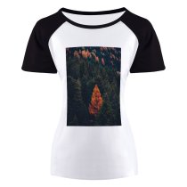 yanfind Women's Sleeve Raglan T Shirt Short Autumn Conifers Evergreen Fall Fir Trees Foliage Forest Idyllic Landscape Leaves