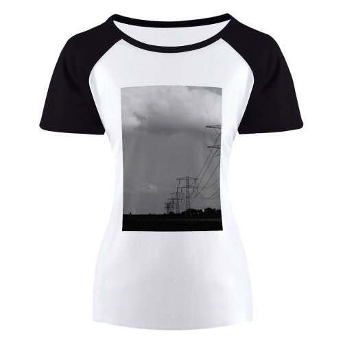 yanfind Women's Sleeve Raglan T Shirt Short Danger Distribution Electric Electricity Energy High Voltage Landscape Meadow Pollution Pylon