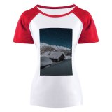 yanfind Women's Sleeve Raglan T Shirt Short Frost Frosty Frozen Houses Landscape Mountains Scenic Snow Capped Snowy Starry