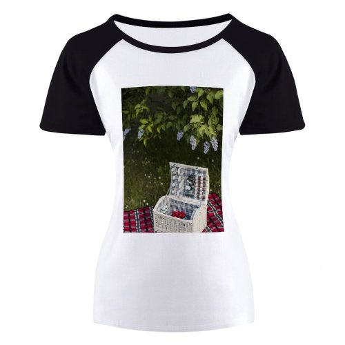 yanfind Women's Sleeve Raglan T Shirt Short Basket Beautiful Cutlery Daylight Decoration Flora Flowers Garden Grass Landscape Leaves Mat