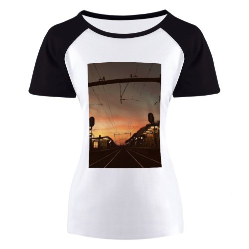 yanfind Women's Sleeve Raglan T Shirt Short Dark Dawn Dusk Electricity Energy Evening Expression Illuminated Light Locomotive Outdoors