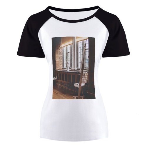 yanfind Women's Sleeve Raglan T Shirt Short Art Studio Building Furniture Interior Room Sculpture Seat Table Vintage Window Wooden