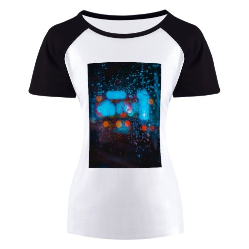 yanfind Women's Sleeve Raglan T Shirt Short Blurred Bokeh Raindrops Window