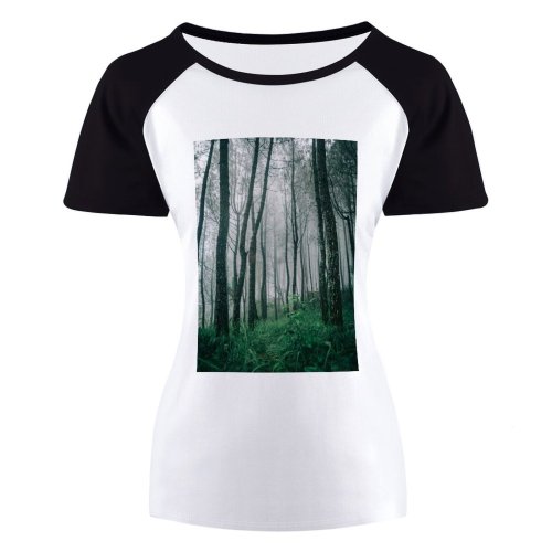 yanfind Women's Sleeve Raglan T Shirt Short Branches Countryside Dawn Daylight Fog Foggy Forest Grass Trees Growth Landscape Shot