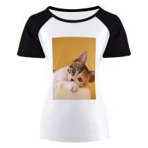 yanfind Women's Sleeve Raglan T Shirt Short Cat Face Cat's Eyes Felidae Fur Furry Pet Staring Tabby