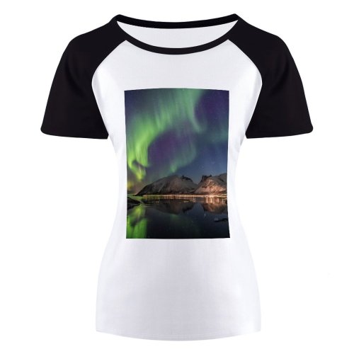 yanfind Women's Sleeve Raglan T Shirt Short Astronomy Dark Evening Landscape Light Lights Exposure Mountains Night Sky Northern